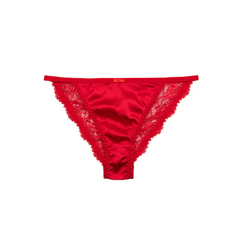 Culottes string en satin soyeux bordées de dentelle (lot de 3) - Rouge - XL - image 11