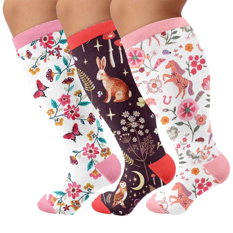 Chaussettes de compression grandes tailles à motif lapin fleuri - Multicolore (3 paires) - 4XL - image 4