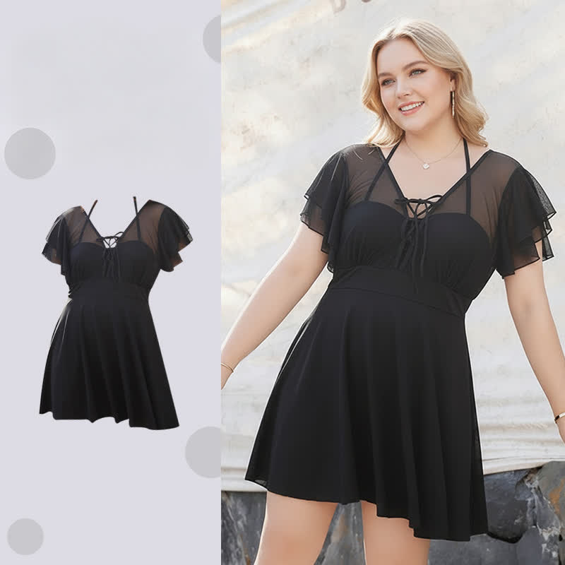 Maillot de bain noir transparent à volants et à nouer sur le devant - image 3