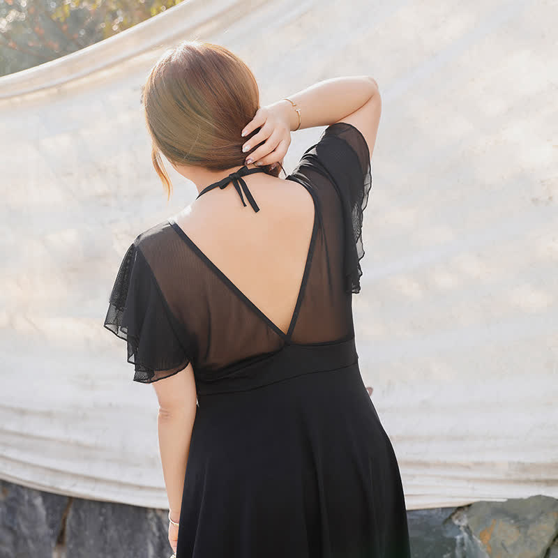 Maillot de bain noir transparent à volants et à nouer sur le devant - image 2