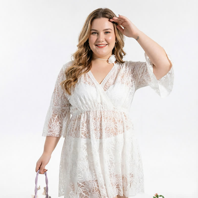 Cache-maillot de bain en dentelle noire à décolleté plongeant - Blanc - 5XL - image 2
