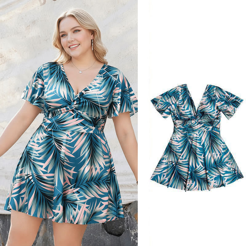 Maillot de bain enveloppant à motif de feuilles tropicales - Vert - 4XL - image 0