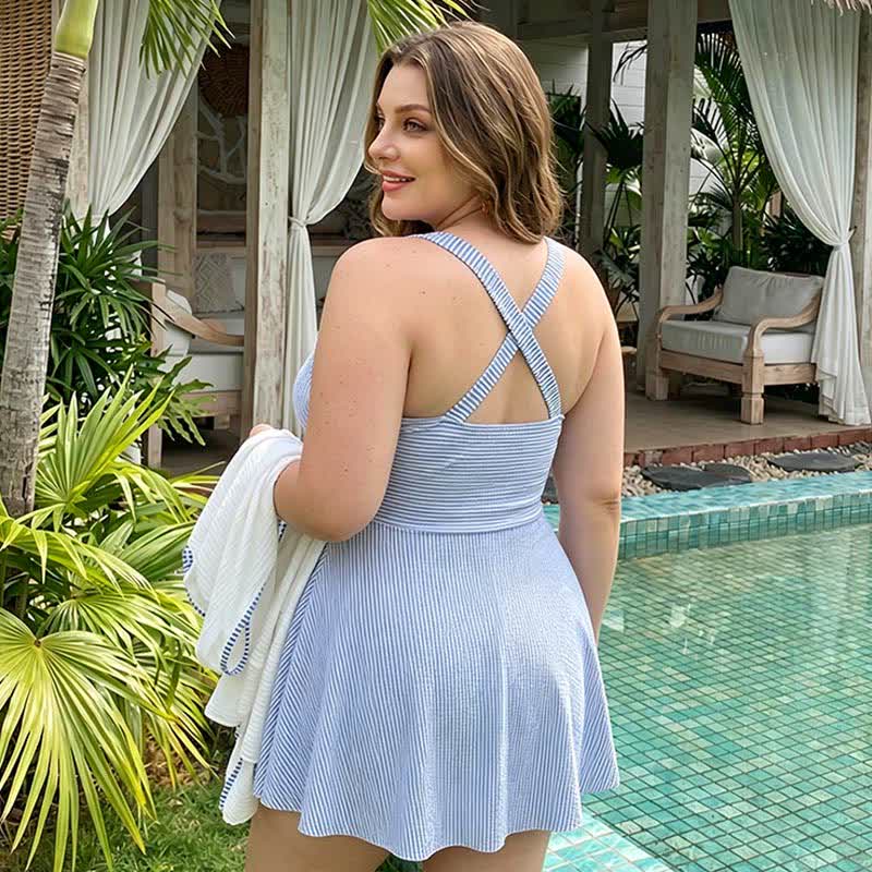 Maillot de bain à rayures bleues et col en V froncé - image 3