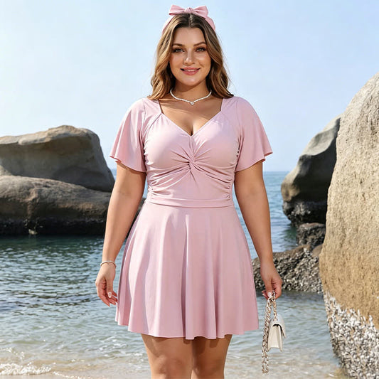 Robe de bain rose poudré à col en V froncé - Rose - 6XL - image 0