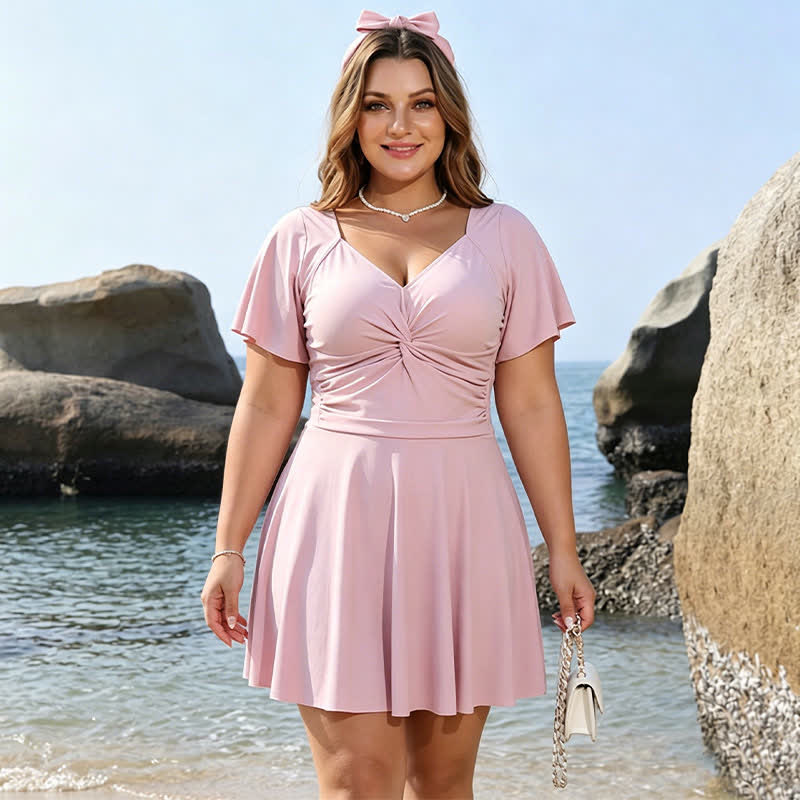 Maillot de bain rose poudré à col en V froncé - Rose - 6XL - image 0