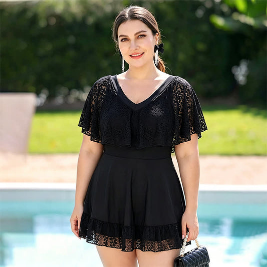 Maillot de bain chauve-souris en dentelle à col en V - Noir - 5XL - image 0