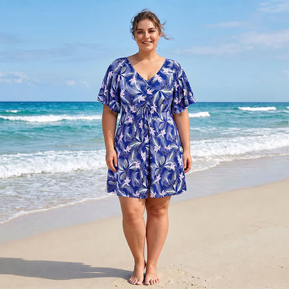 Maillot de bain bleu tropical à fleurs et col en V - image 4