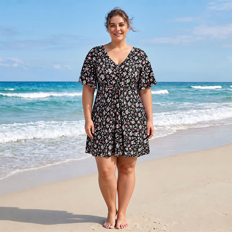 Maillot de bain bleu tropical à fleurs et col en V - image 5