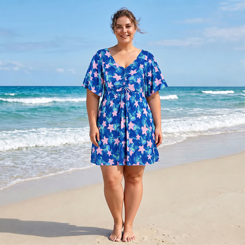Maillot de bain bleu tropical à fleurs et col en V - image 0