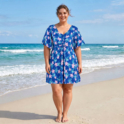 Maillot de bain bleu tropical à fleurs et col en V - image 0