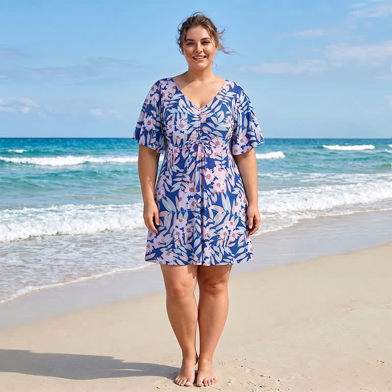 Maillot de bain bleu tropical à fleurs et col en V - image 2