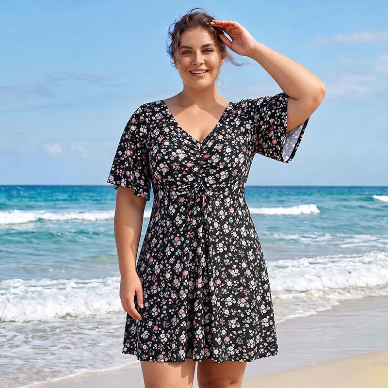 Maillot de bain bleu tropical à fleurs et col en V - image 7
