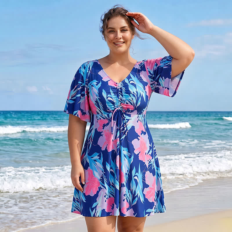 Maillot de bain bleu tropical à fleurs et col en V - image 6