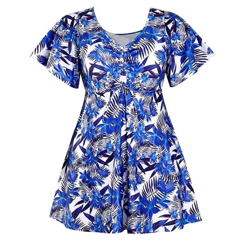 Maillot de bain bleu tropical à fleurs et col en V - C - 7XL - image 14