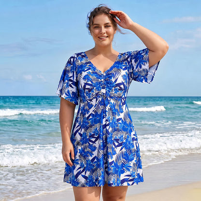 Maillot de bain bleu tropical à fleurs et col en V - image 10
