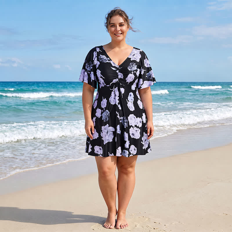 Maillot de bain noir à fleurs torsadées sur le devant - B - 7XL - image 2