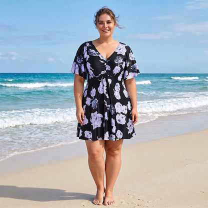 Maillot de bain noir à fleurs torsadées sur le devant - B - 7XL - image 2