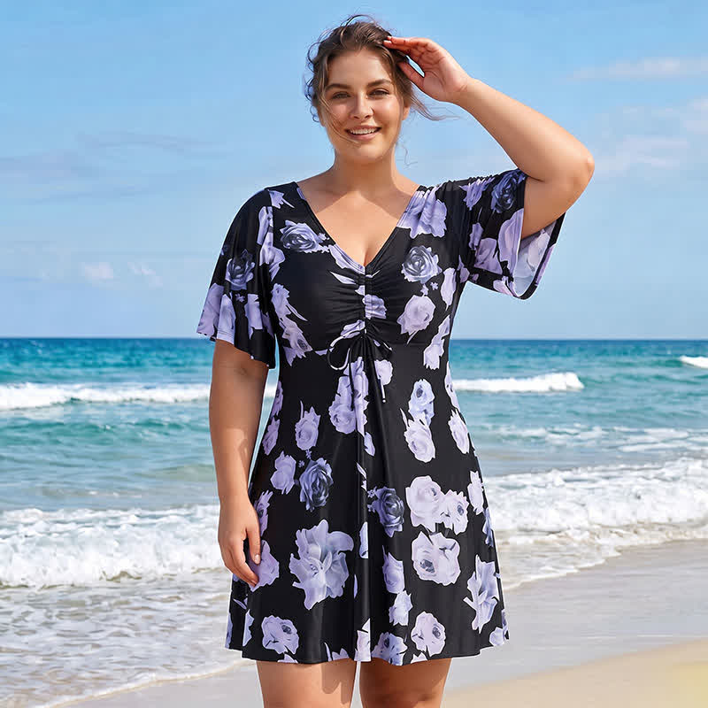 Maillot de bain noir à fleurs torsadées sur le devant - image 0