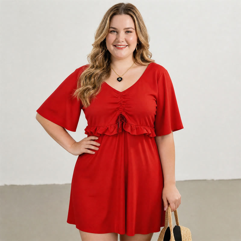 Maillot de bain noir à manches en résille et volants - Rouge - 5XL - image 0