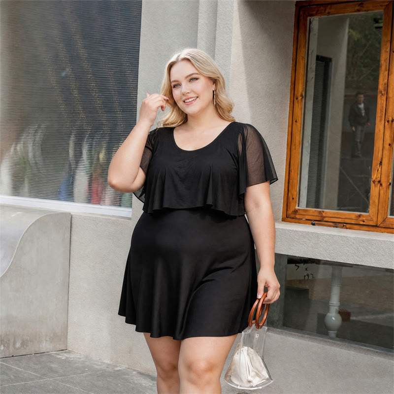 Maillot de bain noir à manches en résille et volants - Noir - 5XL - image 2