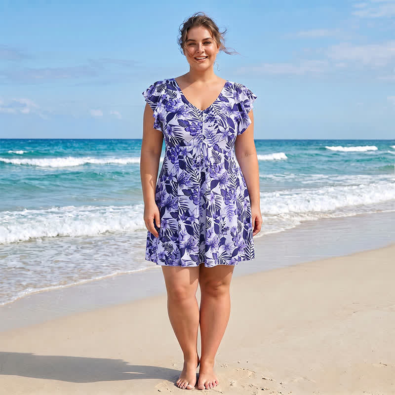 Maillot de bain à col en V à motif de feuilles tropicales - image 1