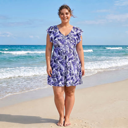 Maillot de bain à col en V à motif de feuilles tropicales - image 1