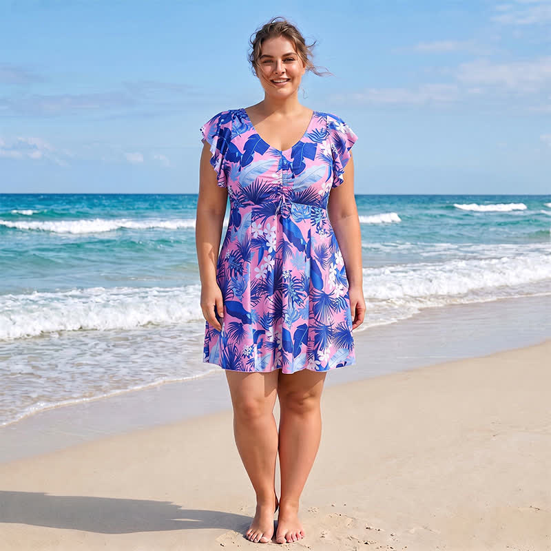 Maillot de bain à col en V à motif de feuilles tropicales - image 0