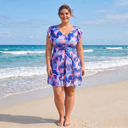 Maillot de bain à col en V à motif de feuilles tropicales - image 0