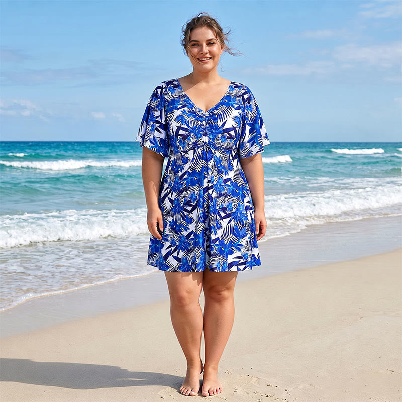 Maillot de bain bleu tropical à fleurs et col en V - image 3