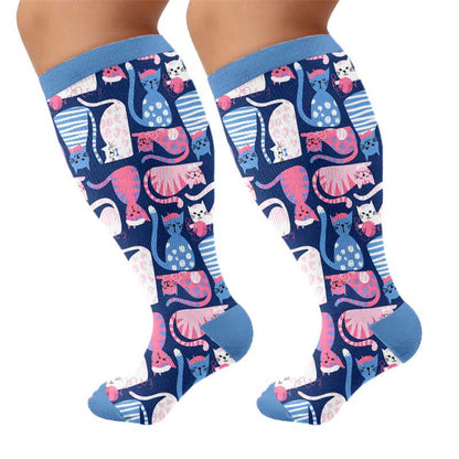 Chaussettes de compression grandes tailles à motif chat mignon - Bleu foncé (1 paire) - 4XL - image 9