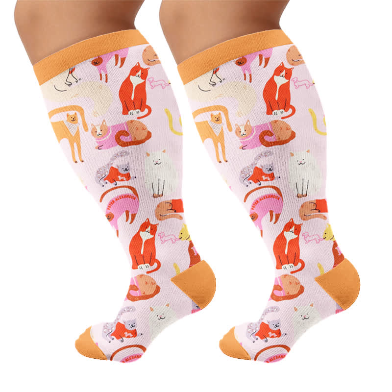 Chaussettes de compression grandes tailles à motif chat mignon - Orange (1 paire) - 4XL - image 8