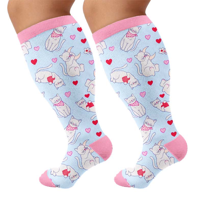 Chaussettes de compression grandes tailles à motif chat mignon - Bleu clair (1 paire) - 4XL - image 10