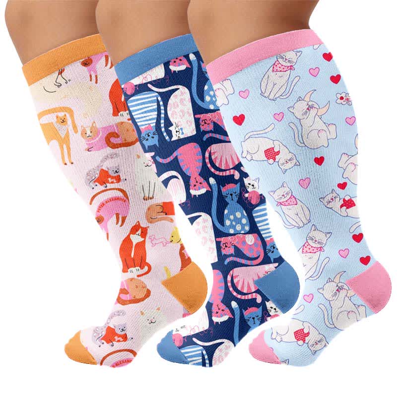 Chaussettes de compression grandes tailles à motif chat mignon - Multicolore (3 paires) - 4XL - image 4