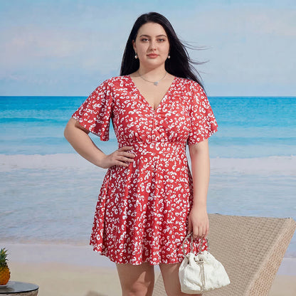 Robe de bain gainante à col en V et manches évasées - B - 9XL - Deux pièces - image 1