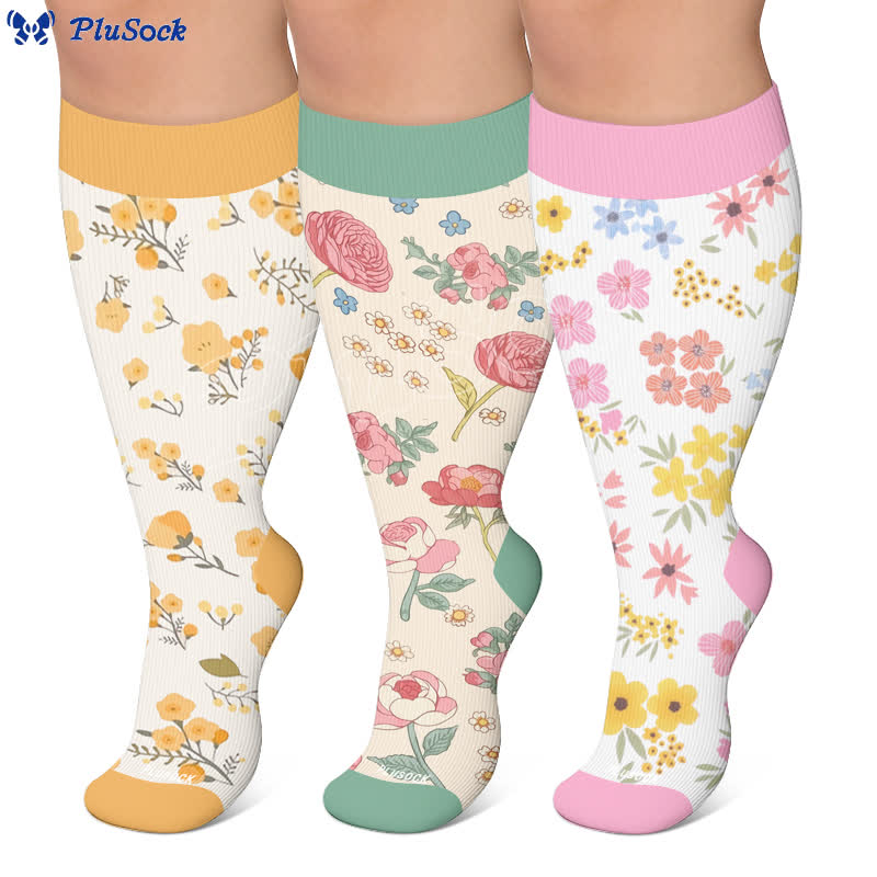 Chaussettes de compression grandes tailles à fleurs pastel - image 0