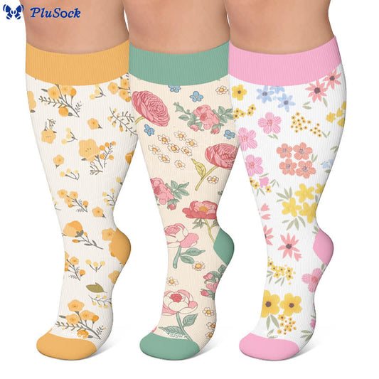 Chaussettes de compression grandes tailles à fleurs pastel - image 0