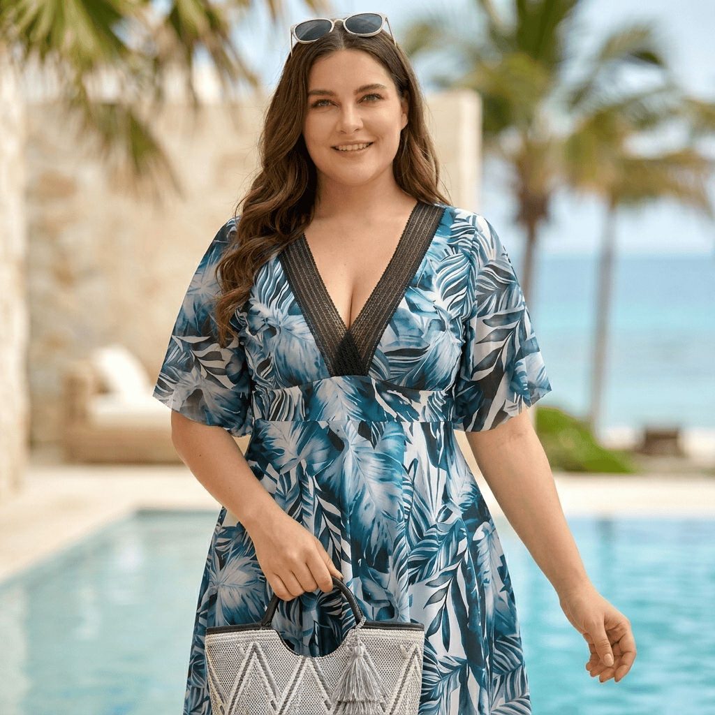 Robe de bain dos nu à motif tropical - Bleu - 3XL - image 0