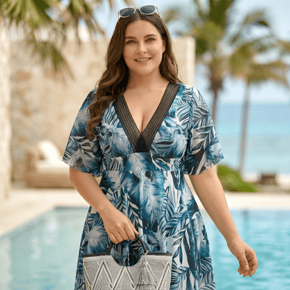 Robe de bain dos nu à motif tropical - Bleu - 3XL - image 0