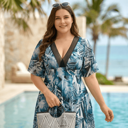 Robe de bain dos nu à motif tropical - Bleu - 3XL - image 0