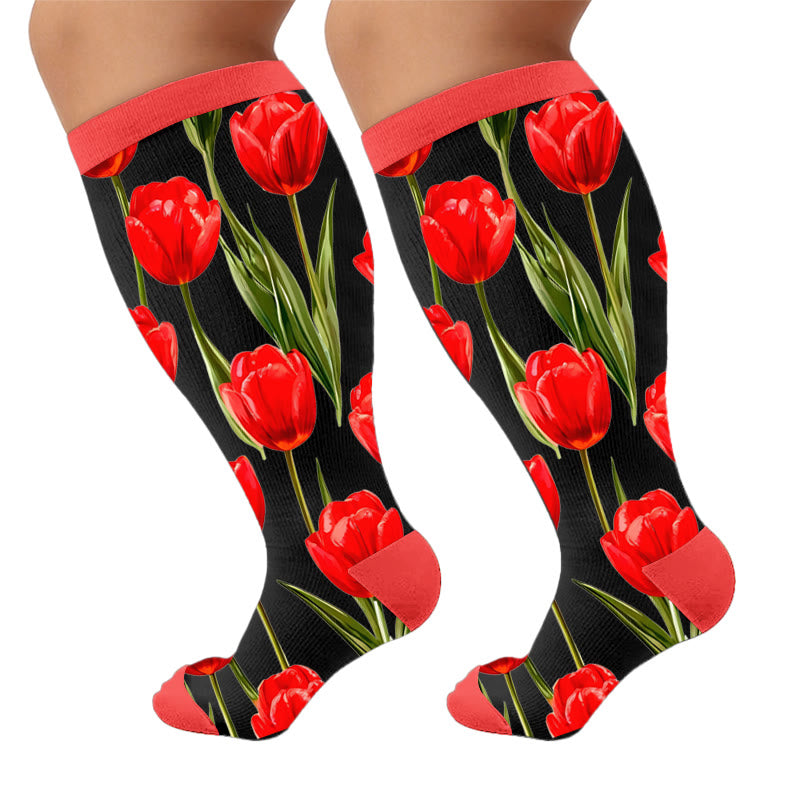 Chaussettes de compression Tulip Bloom grande taille - Rouge (1 paire) - 4XL - image 10