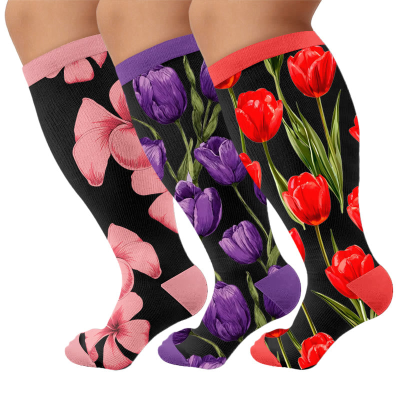 Chaussettes de compression Tulip Bloom grande taille - Multicolore (3 paires) - 4XL - image 4