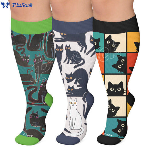 Chaussettes de compression grande taille à motif chat noir - image 0