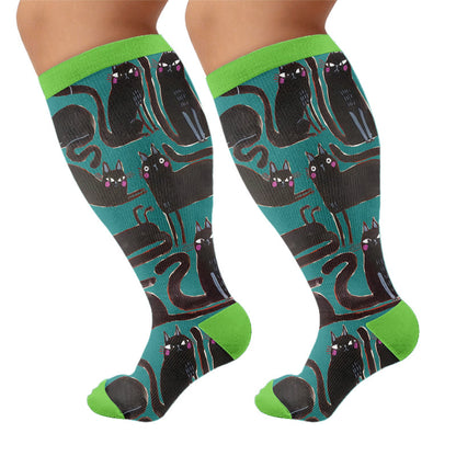 Chaussettes de compression grande taille à motif chat noir - Vert (1 paire) - 4XL - image 8