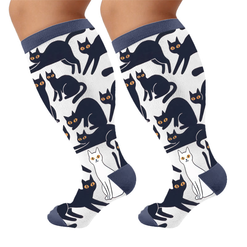 Chaussettes de compression grande taille à motif chat noir - Blanc (1 paire) - 4XL - image 9