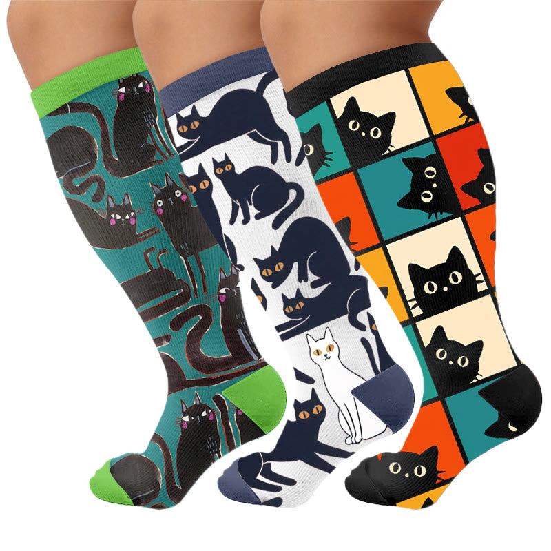 Chaussettes de compression grande taille à motif chat noir - Multicolore (3 paires) - 4XL - image 4