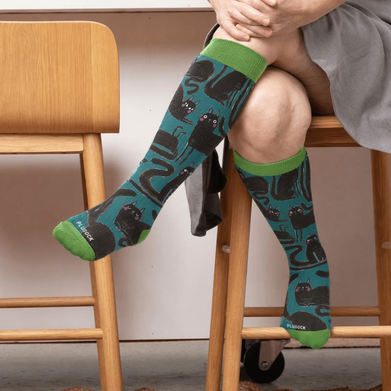 Chaussettes de compression grande taille à motif chat noir - image 1