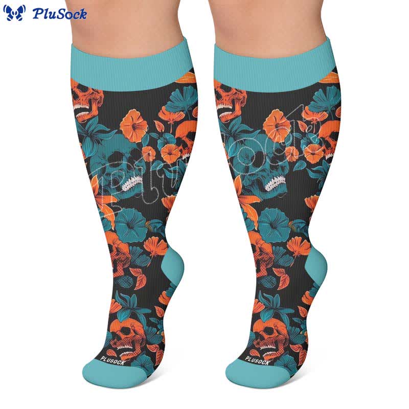 Chaussettes de compression grandes tailles à motif de crâne et fleurs - image 6