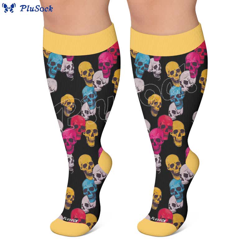 Chaussettes de compression grandes tailles à motif de crâne et fleurs - image 7
