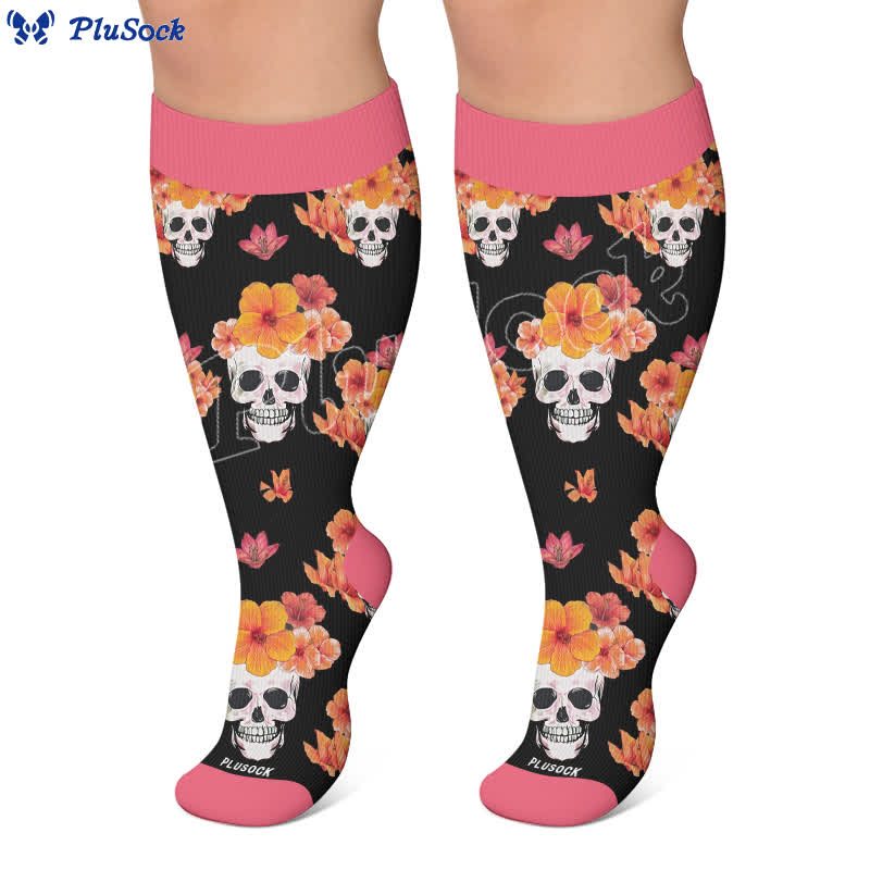 Chaussettes de compression grandes tailles à motif de crâne et fleurs - image 5
