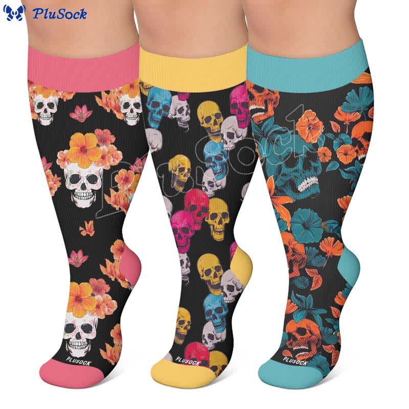 Chaussettes de compression grandes tailles à motif de crâne et fleurs - image 0